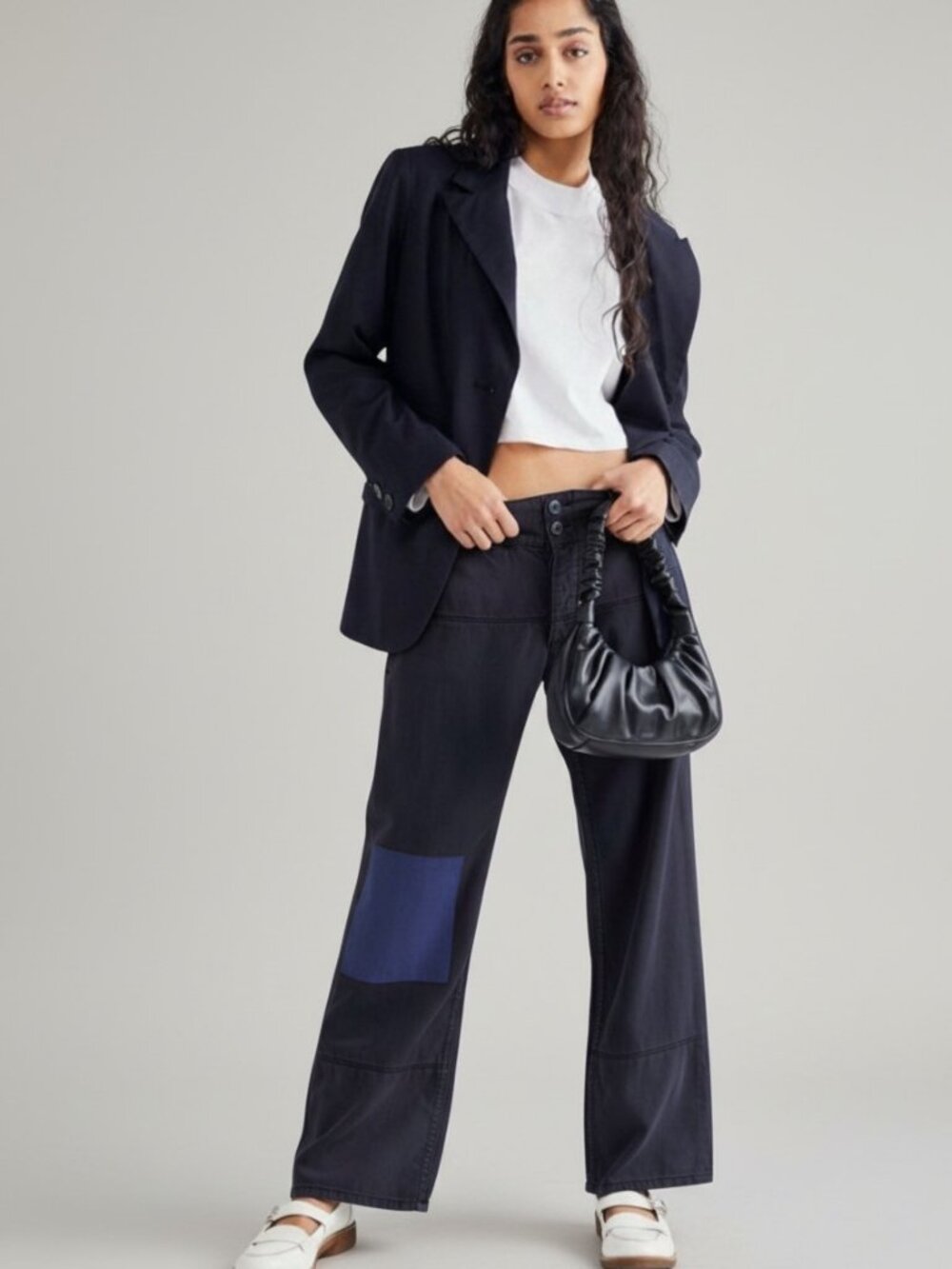 ☀️ Free People x Sandrine Rose French Worker Wide Leg Patch Jeans Navy 27 NWT